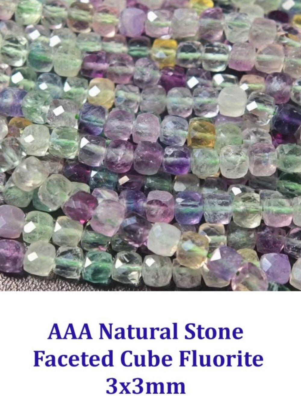 Natural Fluorite Spacer Beads with Polished Facets  3x3mm Cube  15" Strand